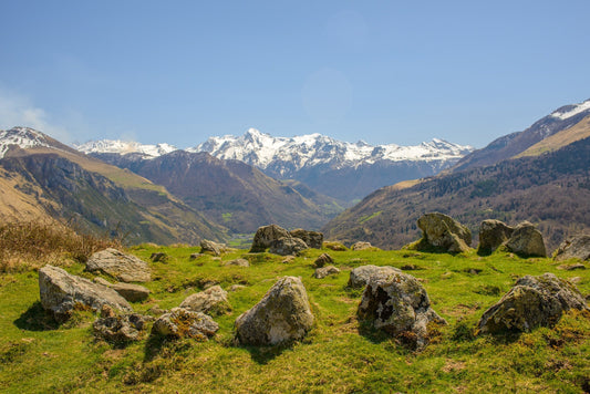 The Benou cromlechs, snow-capped peaks, Ossau Valley - Photo to download