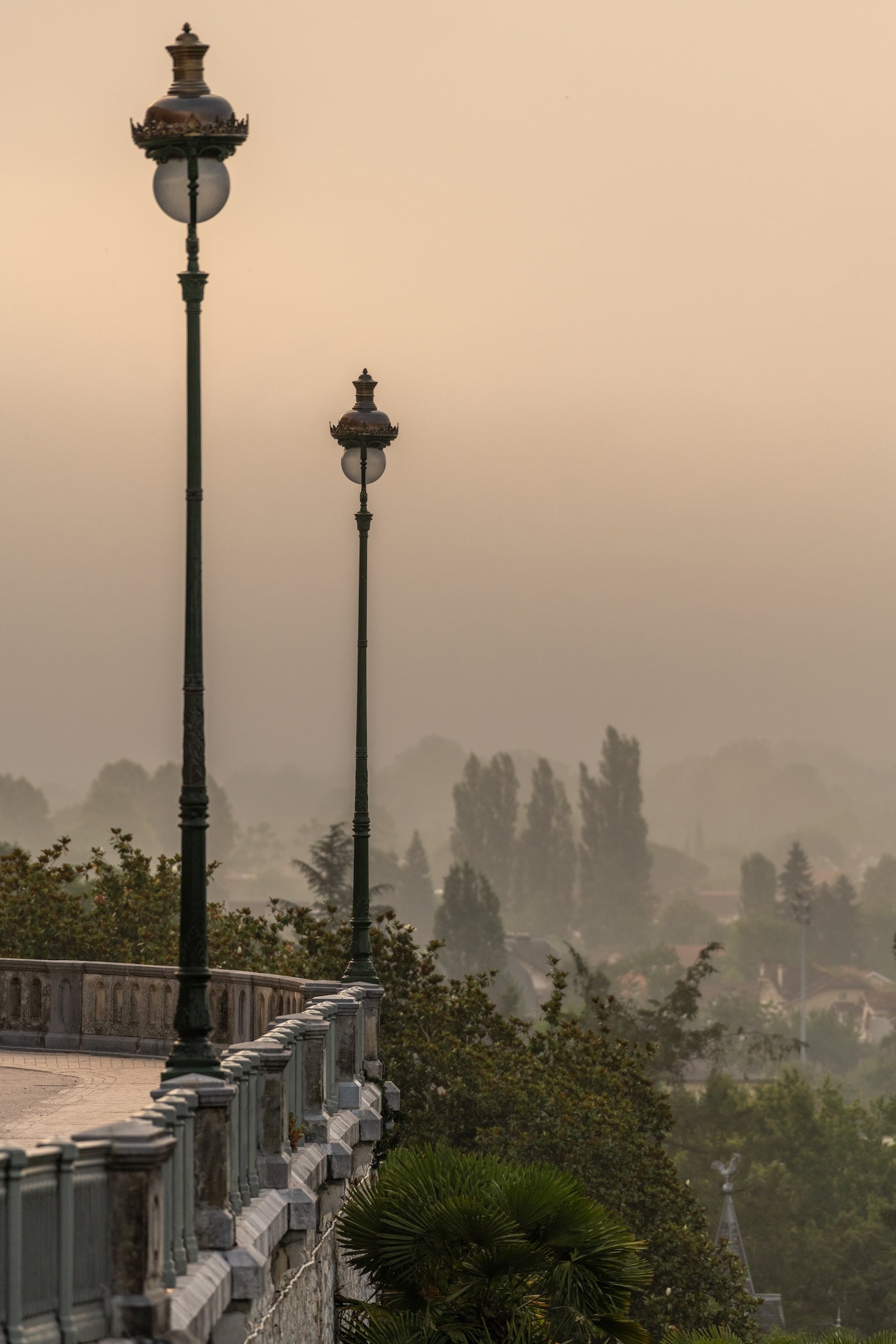 Lever de soleil orangé dans une brume matinale d'hiver Boulevard des Pyrénées, Pau - Photo à télécharger