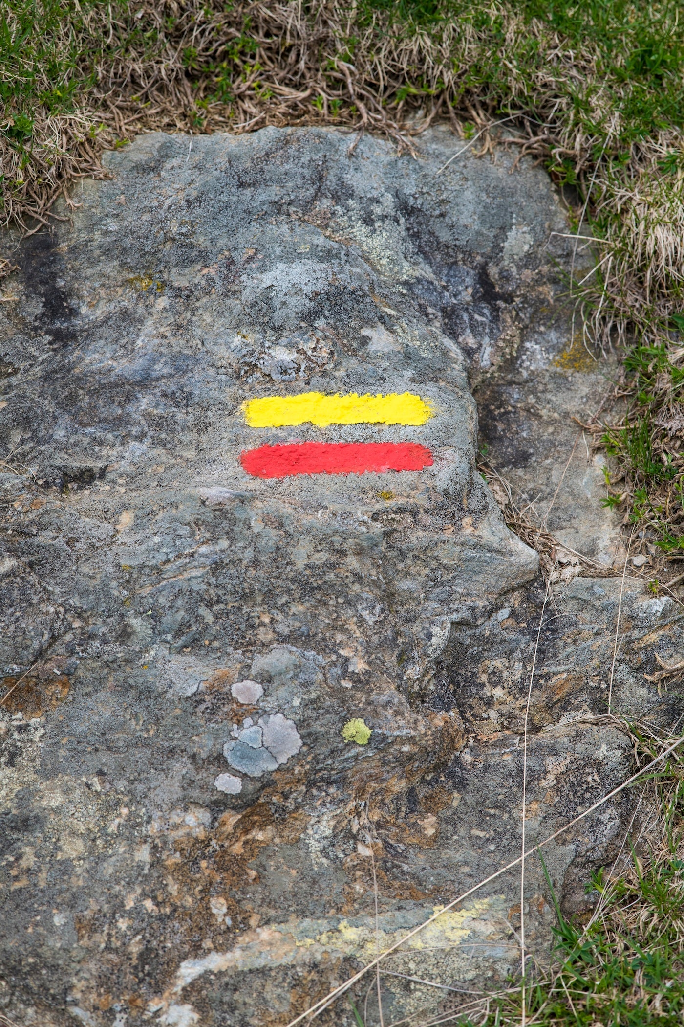 Marquage d'un GR® de Pays (grande randonnée dans les Pyrénées) sur un rocher à plat, vallée d'Ossau. - Photo à télécharger