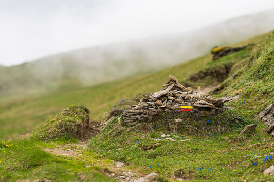 Señalización de un GR® de Pays sobre una roca (excursión de gran recorrido en los Pirineos) a lo largo de una ruta de senderismo, valle de Ossau. - Foto para descargar