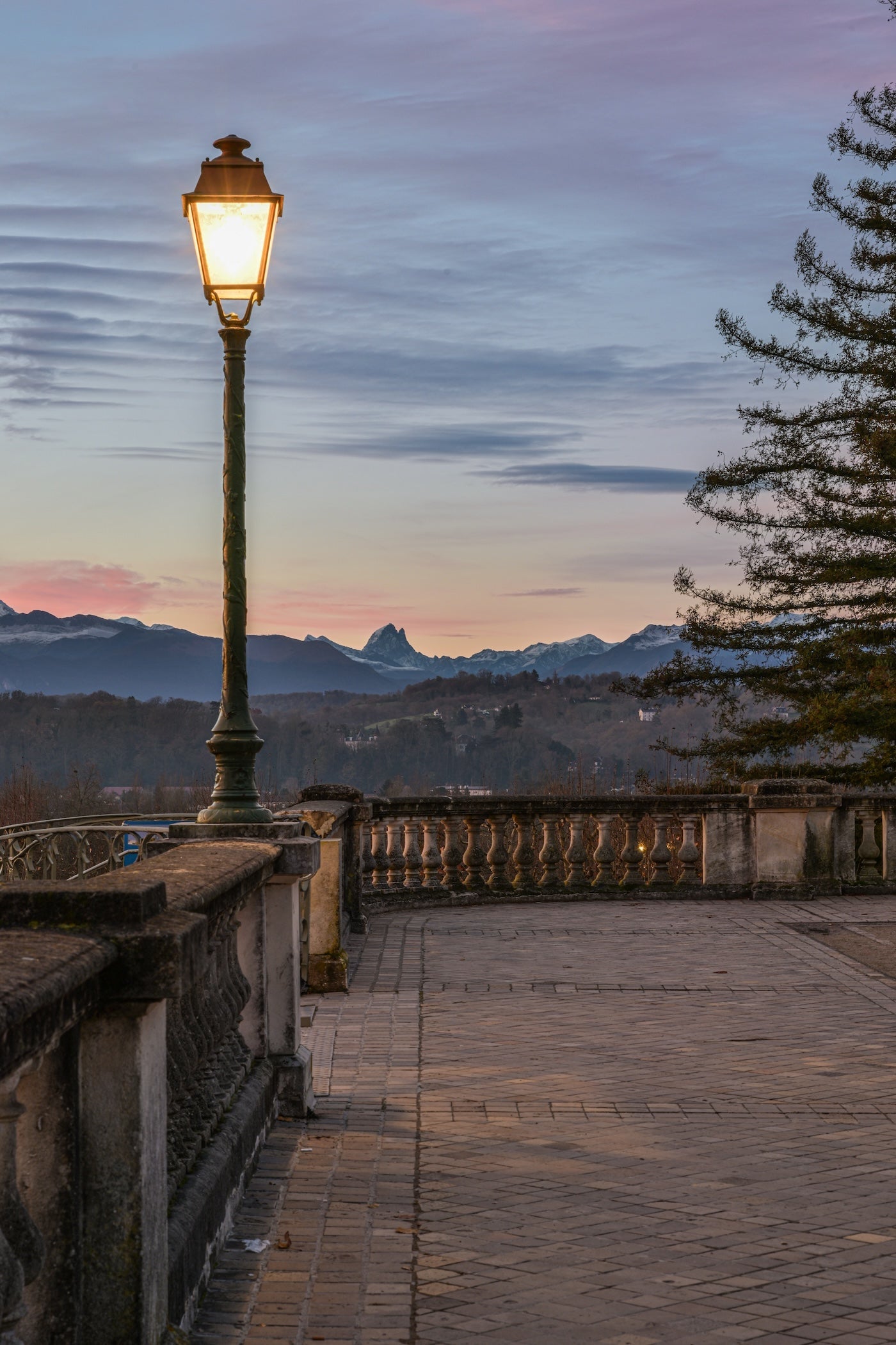 Boulevard des Pyrénées, near the funicular, sunrise over the Pyrenees mountain range