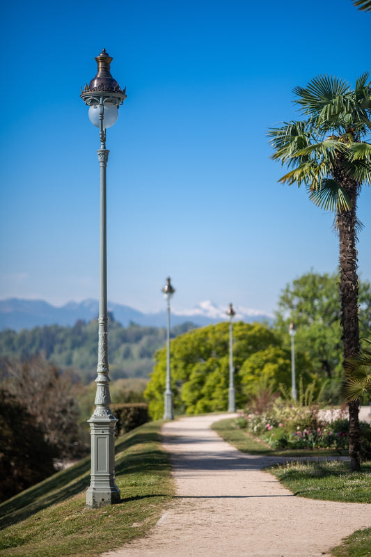 Flowery path, walk in Beaumont Park in Pau, vertical photo, focus on foreground - Photo to download